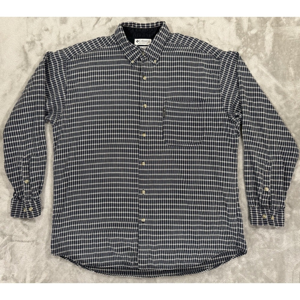 Columbia Shirt Mens XL Blue Check Plaid Flannel Button Down Chest Pocket Pleated